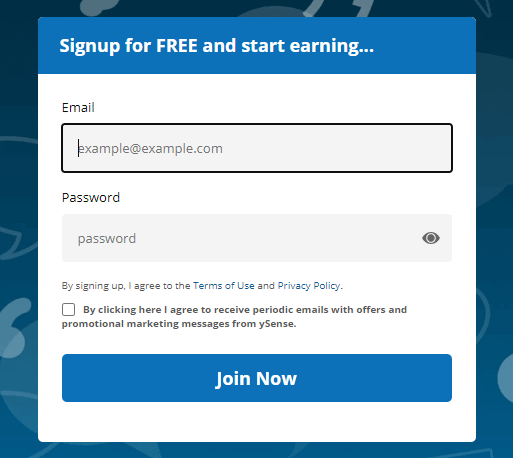 Ysense Sign Up form