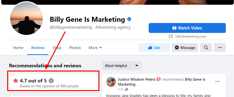 Billy Gene Is Marketing rating from the facebook page
